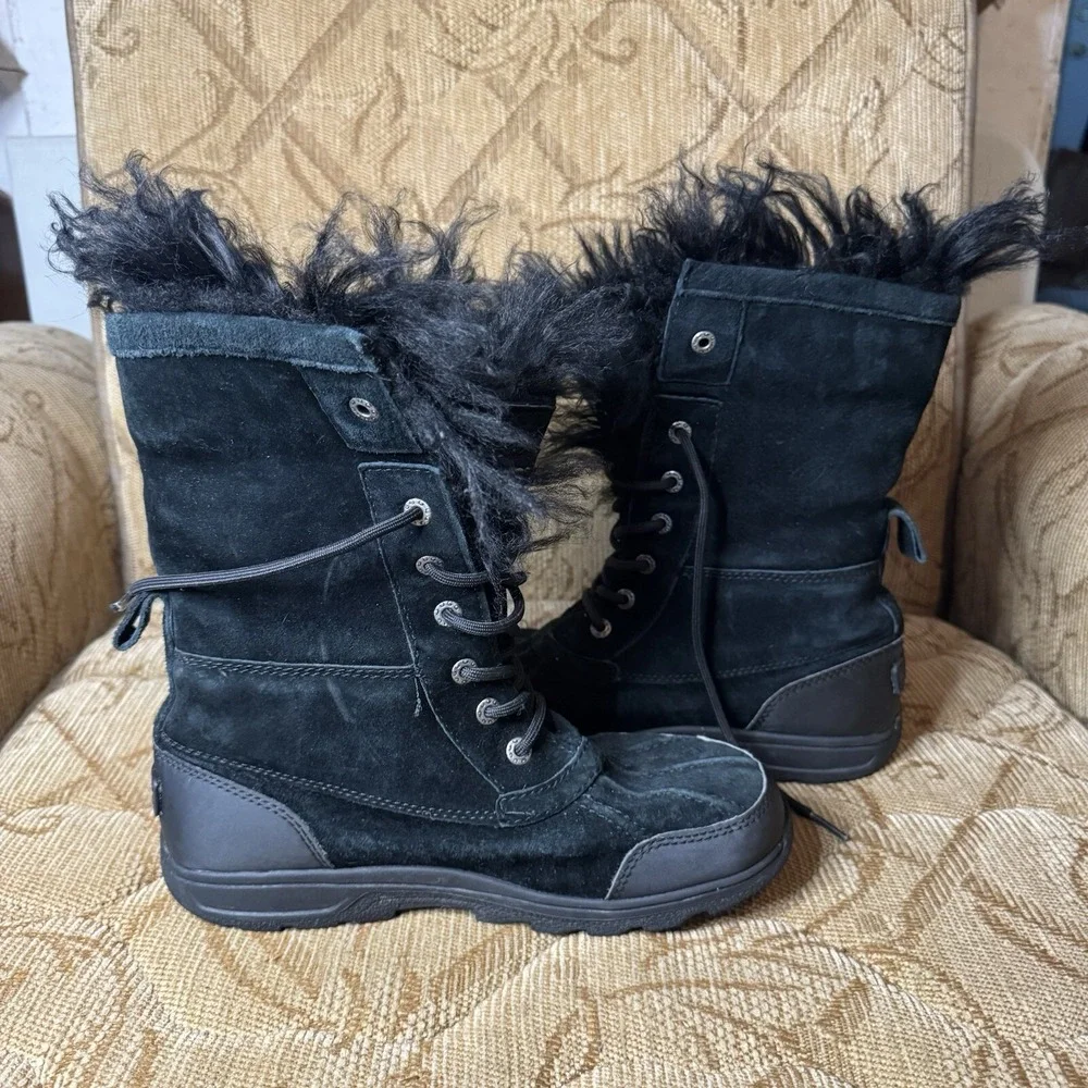 KIDS GIRLS 6 BLACK UGG BUTTE II FLUFF MONGOLIAN SHEEPSKIN BOOTS‎